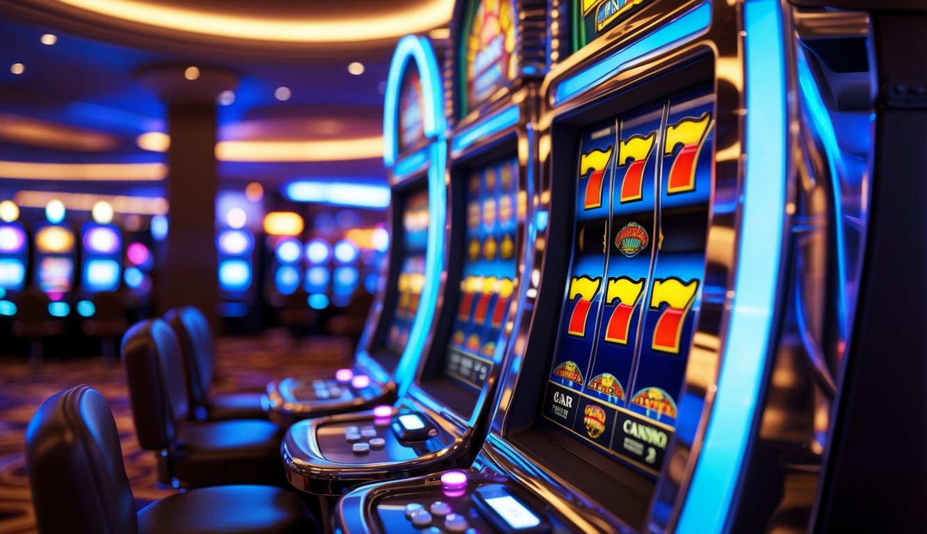 Mesin slot kasino modern dengan gulungan berputar menunjukkan kombinasi kemenangan dalam suasana kasino yang terang dan hidup.