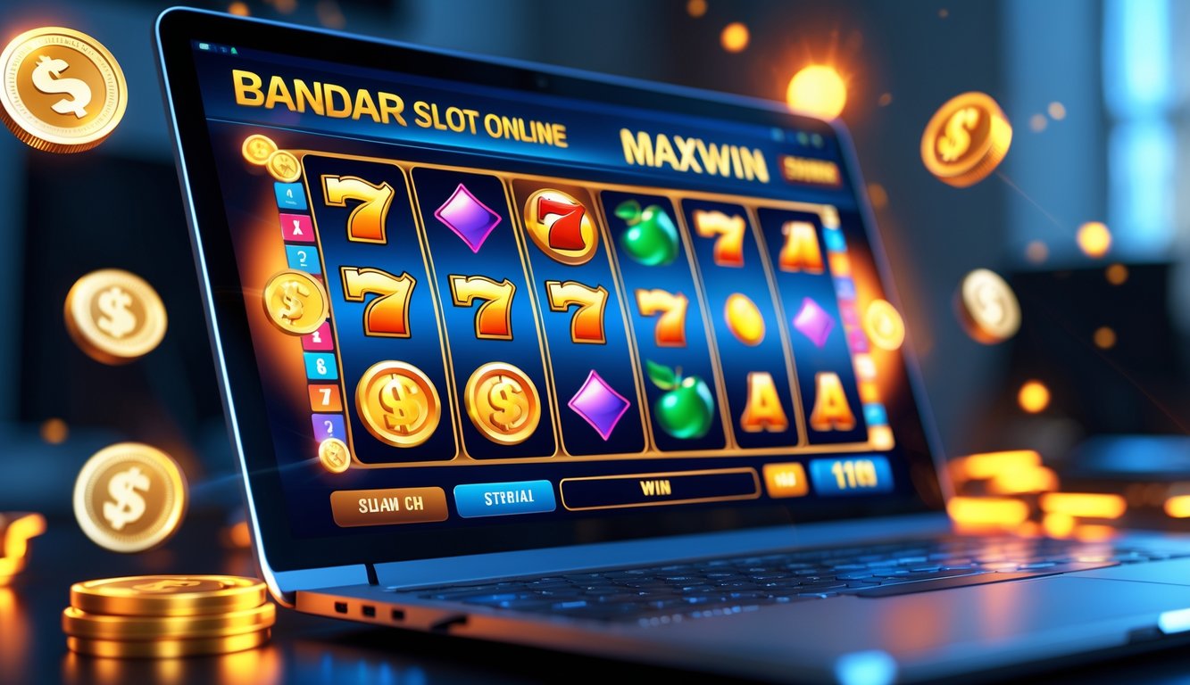 Layar komputer menampilkan permainan mesin slot online dengan simbol warna-warni dan koin digital mengelilingi perangkat.