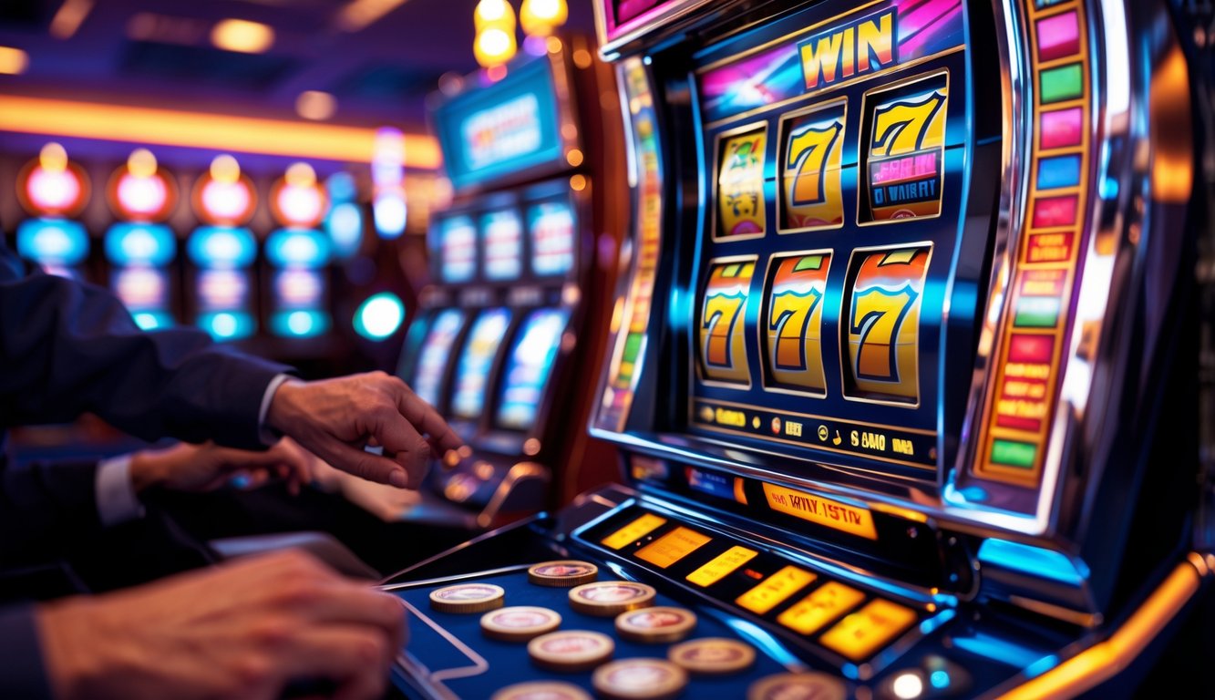 Mesin slot kasino modern dengan gulungan berwarna-warni yang sedang berputar dan lampu berkedip, menunjukkan suasana kemenangan dan kegembiraan di dalam kasino.