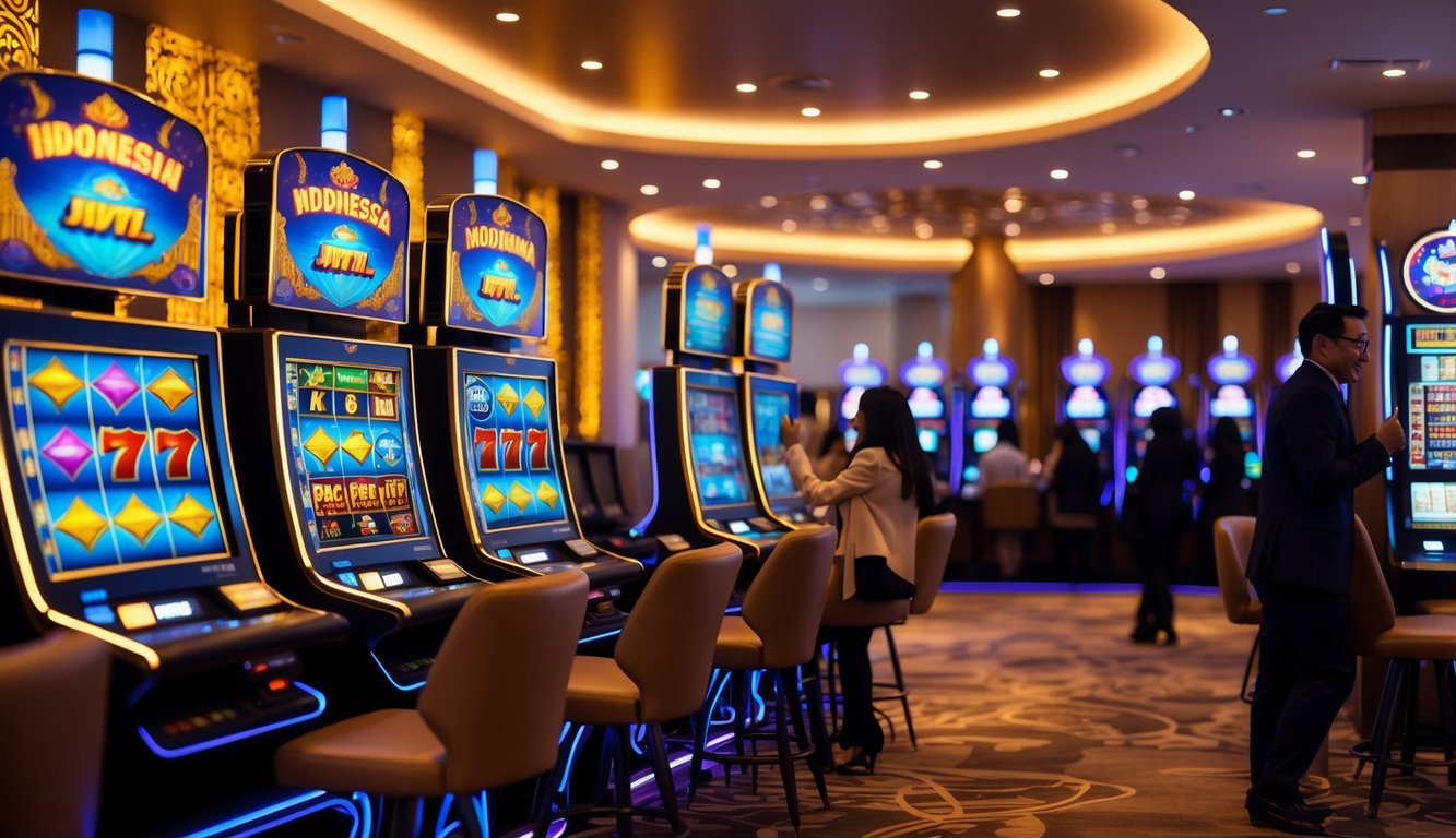 Area mesin slot yang modern dan terang dengan orang-orang yang menikmati permainan di dalam ruangan bergaya Indonesia.