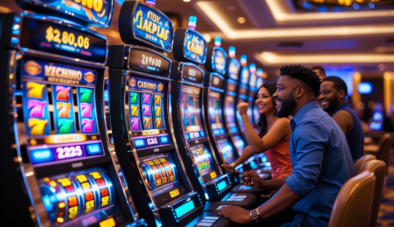 Orang-orang bermain mesin slot berwarna-warni di dalam kasino modern dengan pencahayaan hangat dan suasana yang hidup.