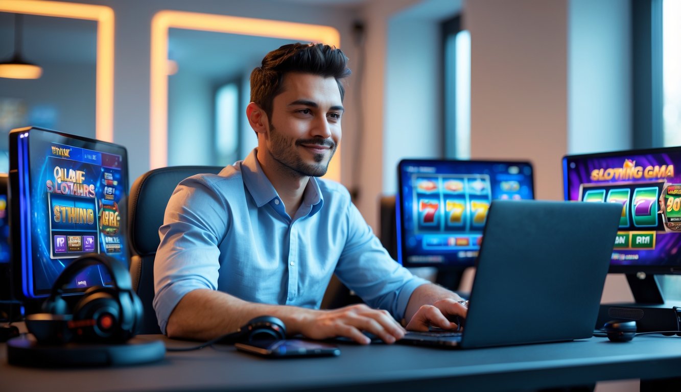 Seorang pria duduk di depan meja dengan beberapa layar menampilkan permainan slot, terlihat fokus dan tersenyum di ruangan yang modern dan terang.