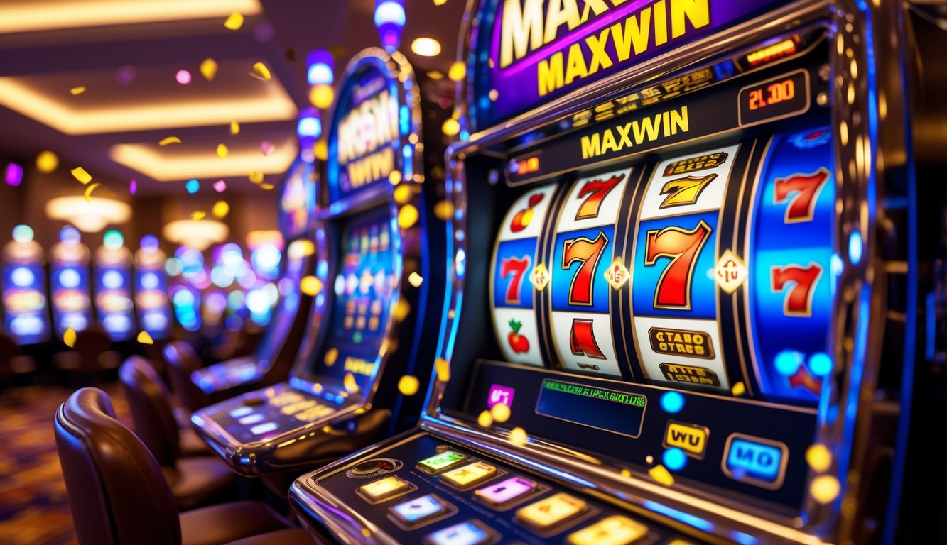 Mesin slot berwarna cerah dengan simbol kemenangan dan kembang api di latar belakang kasino.