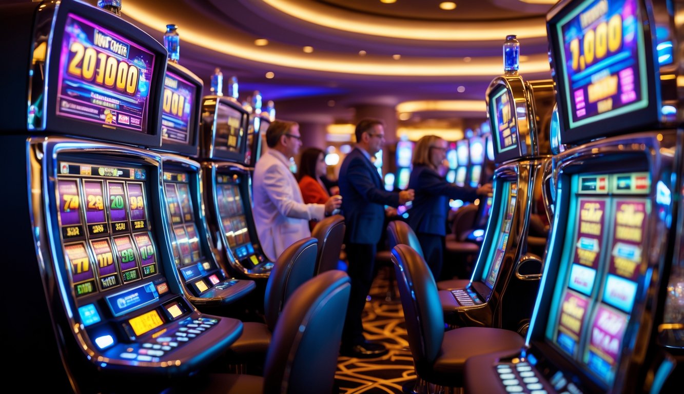 Orang-orang bermain mesin slot di dalam kasino yang modern dan terang dengan suasana yang hidup.