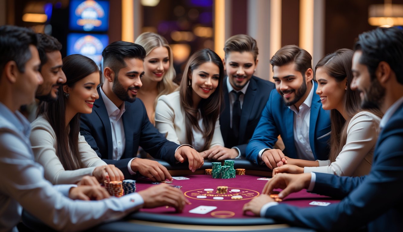 Meja poker dengan pemain yang serius bermain kartu di kasino dengan suasana hangat dan elegan.