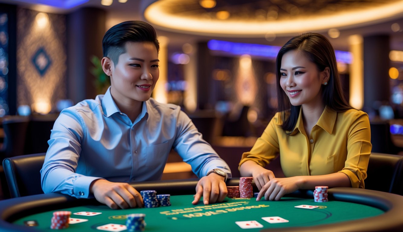 Seorang pria dan wanita sedang bermain poker di meja kasino modern dengan suasana hangat dan dekorasi bergaya Indonesia.