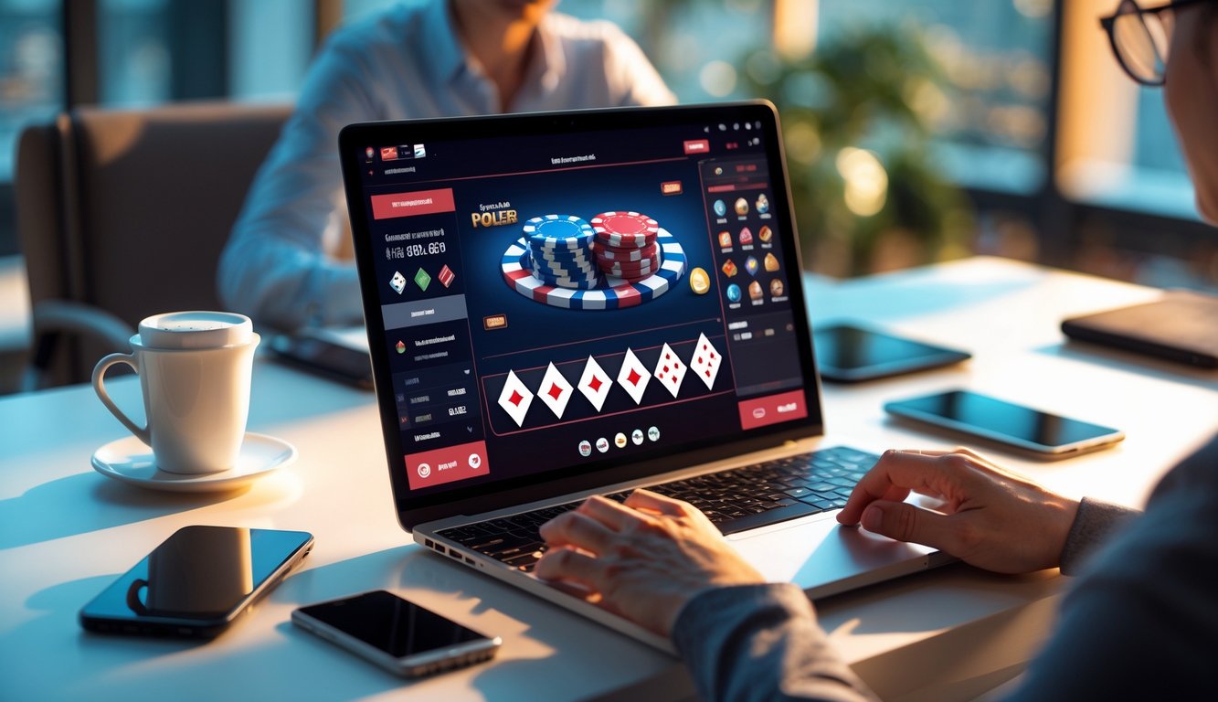 Seorang pria duduk di depan laptop yang menampilkan permainan poker online dengan chip dan kartu, di meja terdapat cangkir kopi dan ponsel.