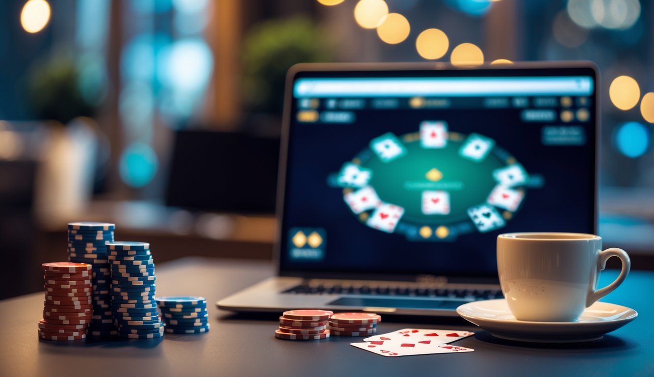 Meja kerja modern dengan laptop yang menampilkan permainan poker online, tumpukan chip poker, kartu remi, dan cangkir kopi.
