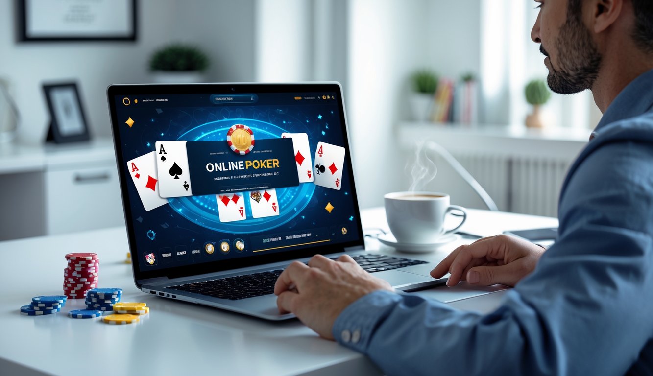 Seseorang sedang bermain poker online menggunakan laptop di ruang kerja rumah yang rapi dan terang.