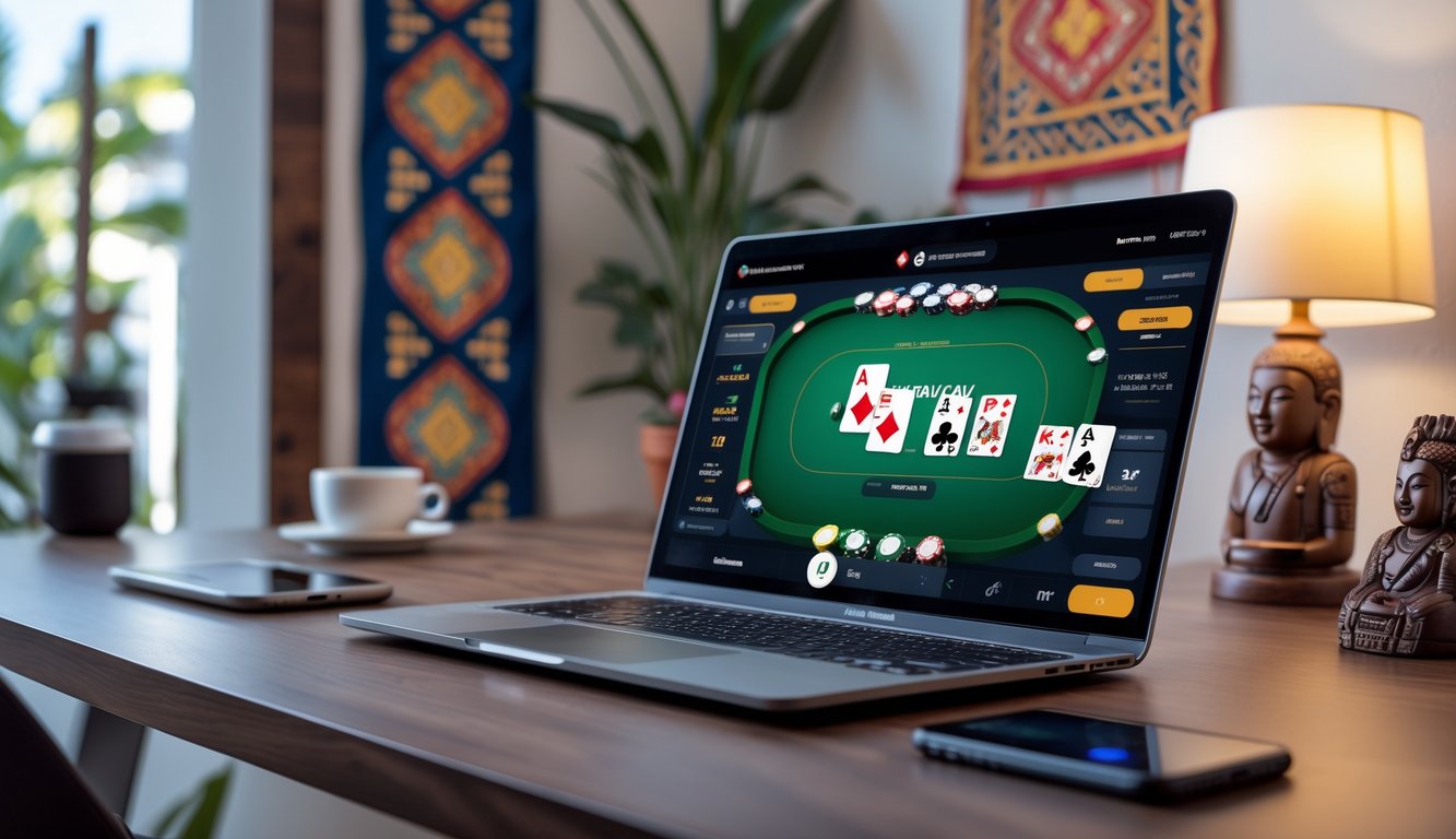 Seorang pemain poker online sedang menggunakan laptop di meja kerja dengan latar belakang elemen budaya Indonesia.