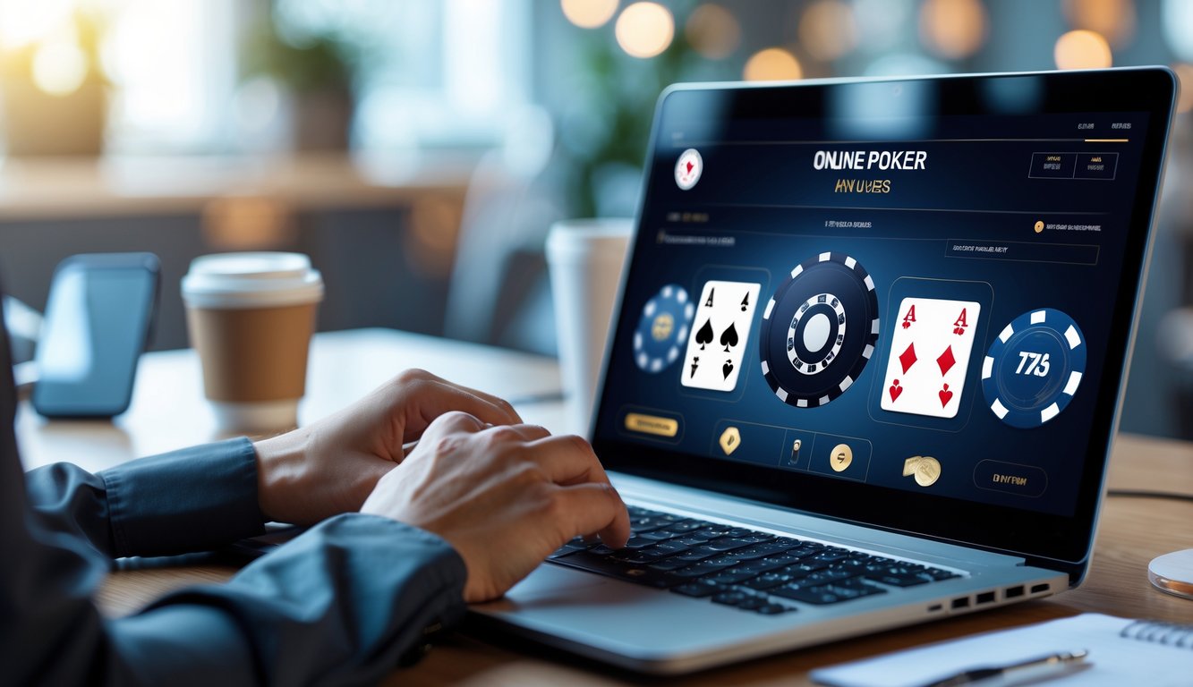 Seseorang menggunakan laptop dengan tampilan permainan poker online di layar dalam ruangan kantor modern.