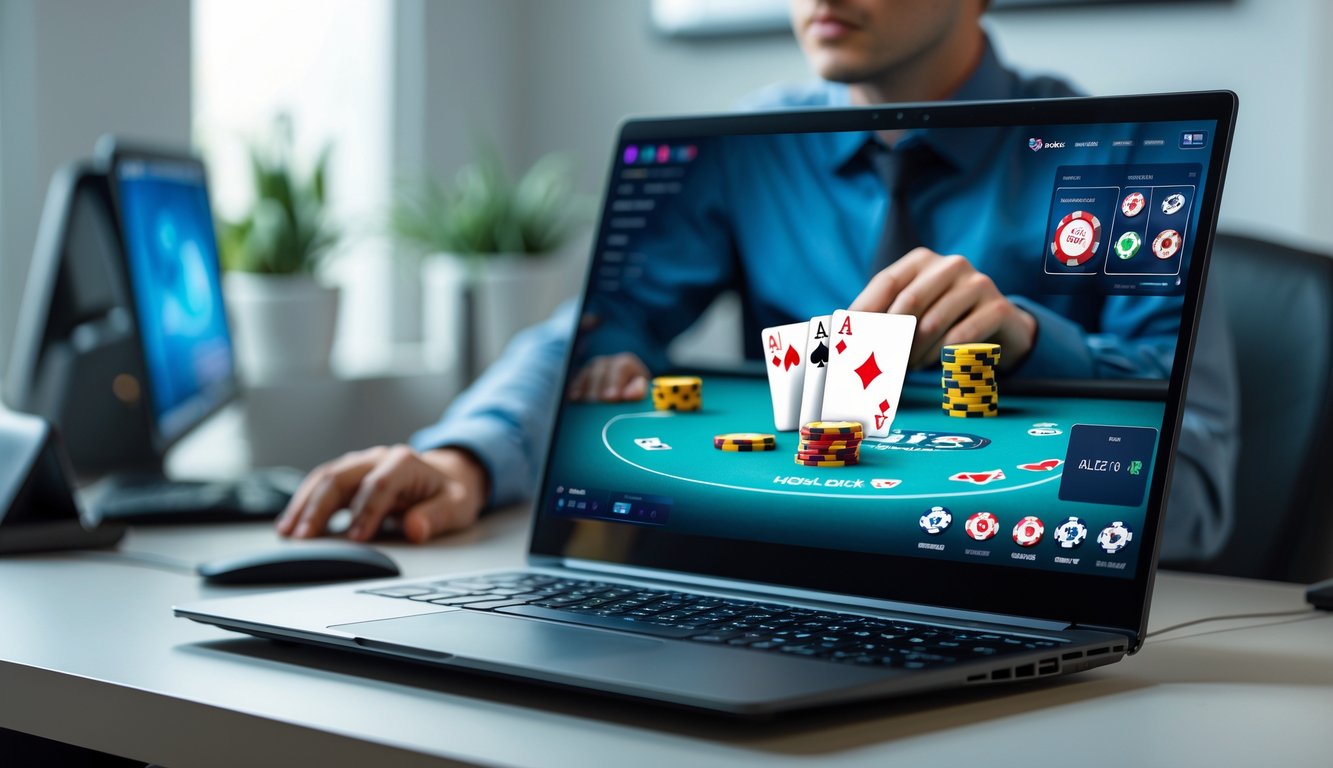 Seorang pria fokus bermain poker online di depan laptop di ruang kerja yang rapi dan nyaman.