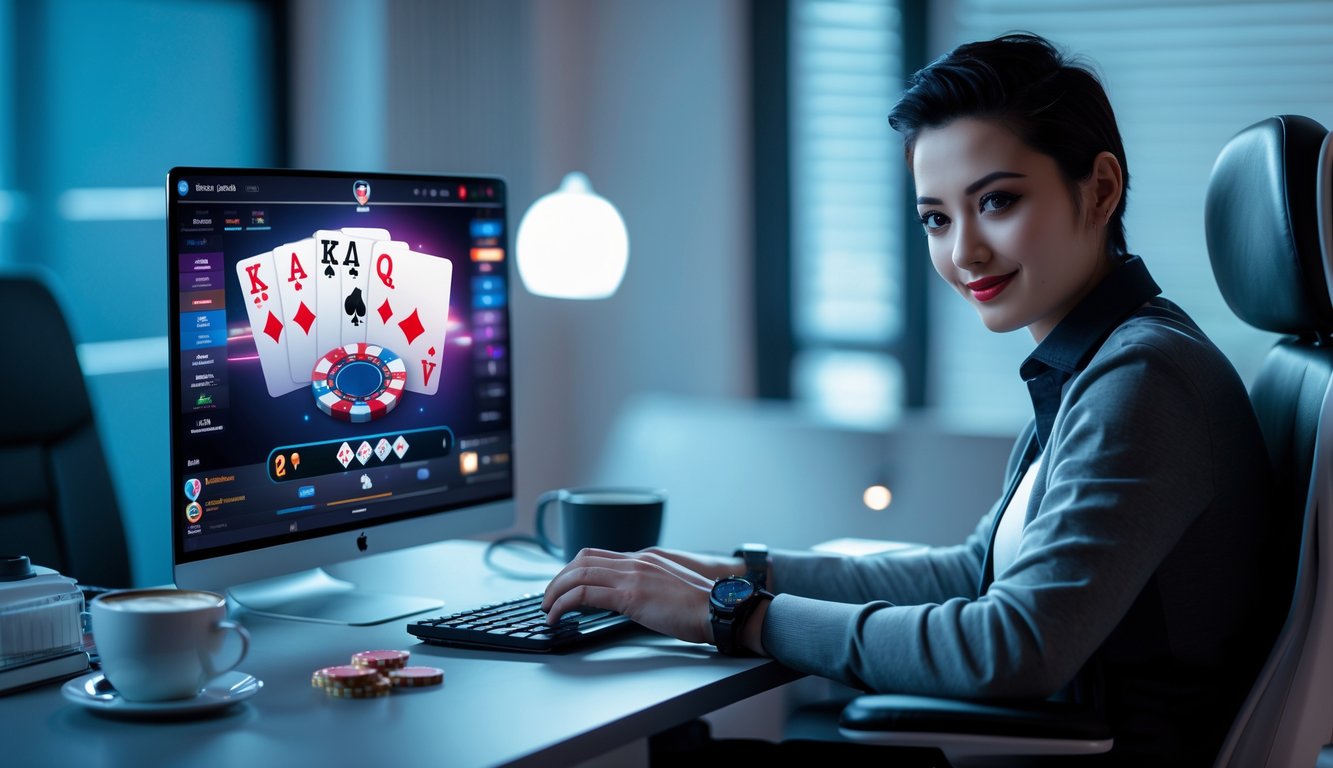 Seorang pria duduk di depan komputer dengan tampilan permainan poker online, di ruangan yang rapi dan modern.