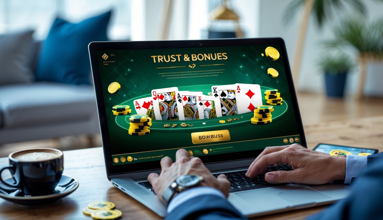 Seseorang sedang bermain poker online di depan komputer dengan suasana ruang kerja yang rapi dan profesional.