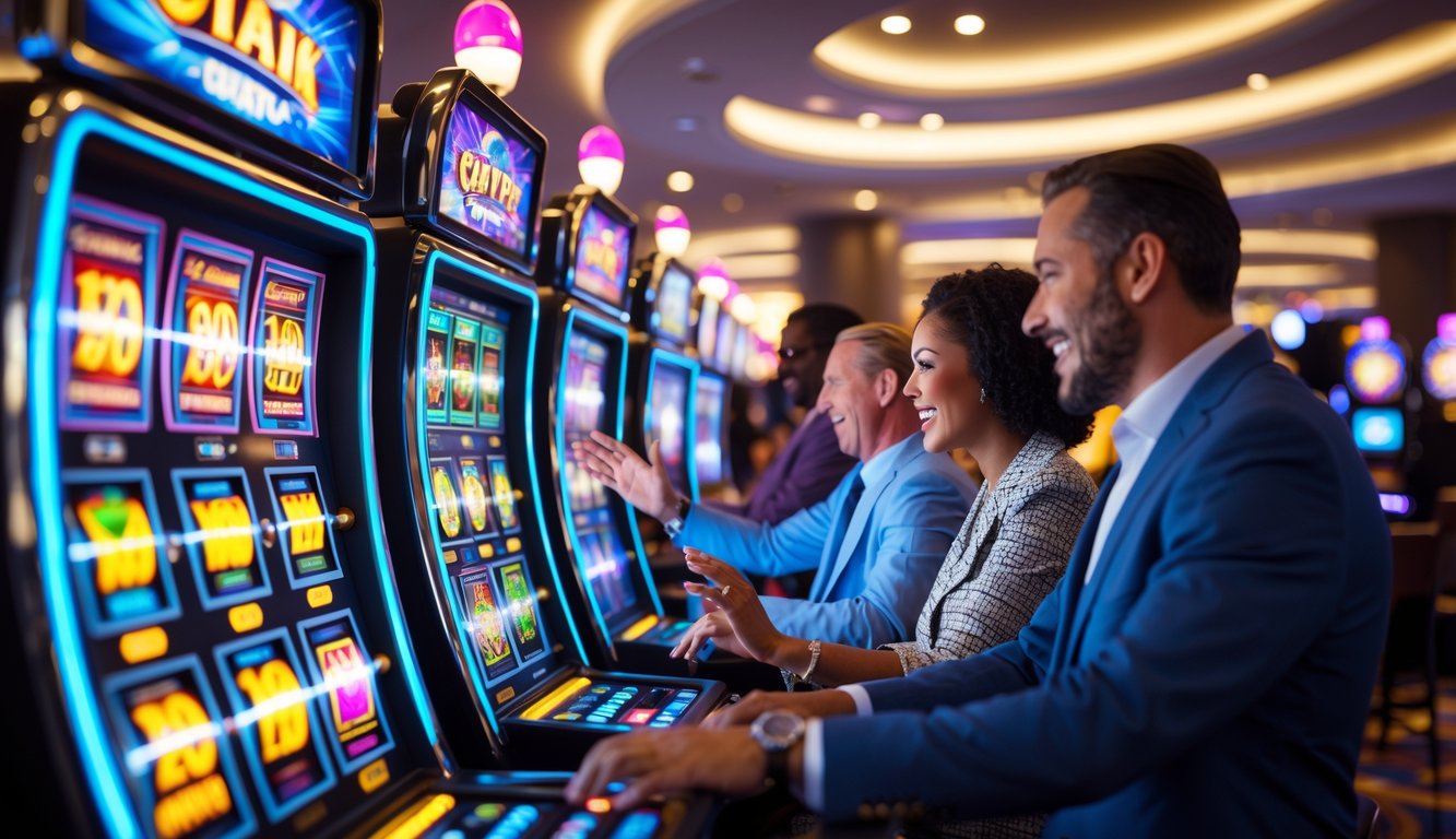 Area mesin slot di kasino modern dengan beberapa orang bermain dan suasana yang cerah serta menarik.