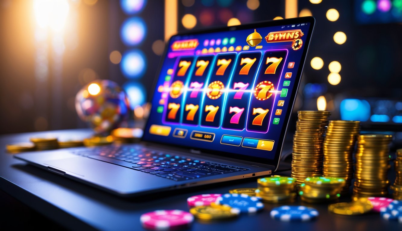 Seorang pengguna sedang bermain permainan slot online di komputer dengan simbol warna-warni dan koin emas di sekitar meja.