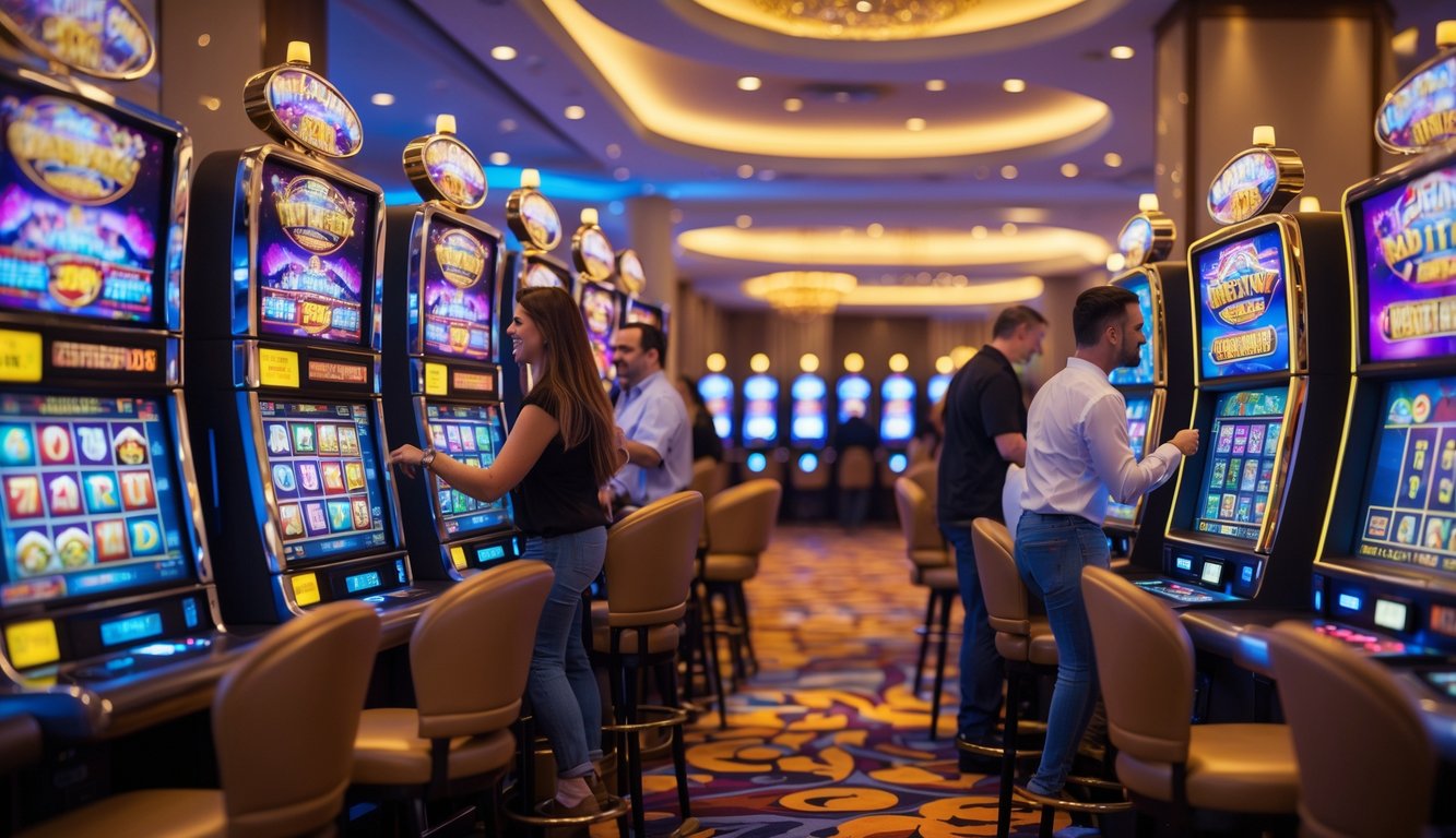 Suasana kasino dengan mesin slot berwarna-warni dan beberapa pemain yang sedang bermain dengan ekspresi senang.