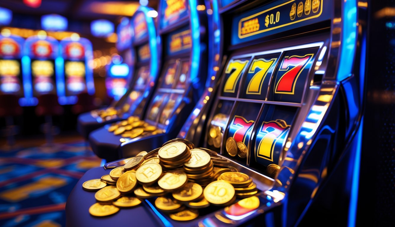 Mesin slot kasino dengan simbol kemenangan dan koin yang tumpah, menunjukkan momen jackpot.