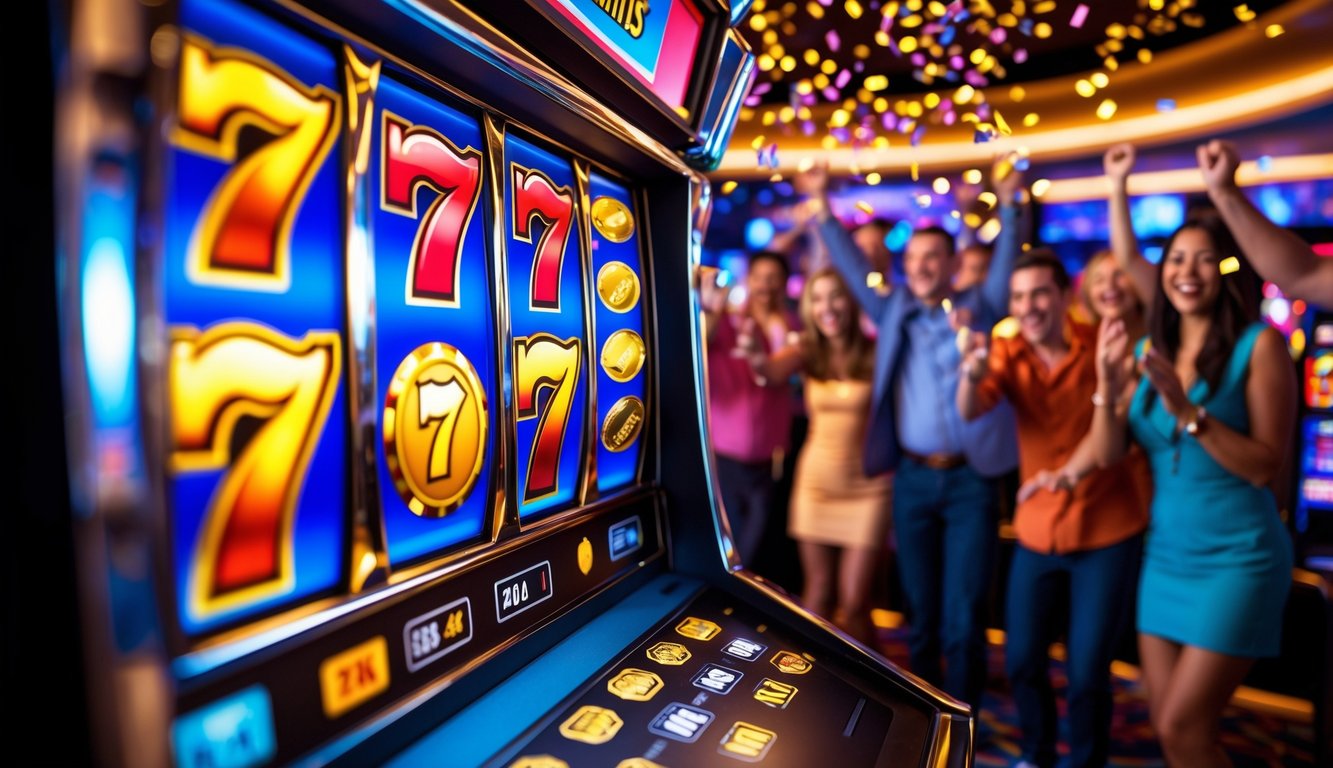 Mesin slot modern dengan gulungan berwarna cerah dan orang-orang yang sedang merayakan kemenangan di latar belakang.