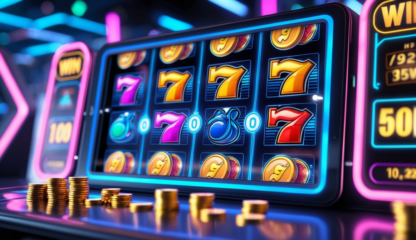 Layar perangkat digital menampilkan permainan mesin slot online dengan simbol warna-warni dan latar belakang bercahaya futuristik.