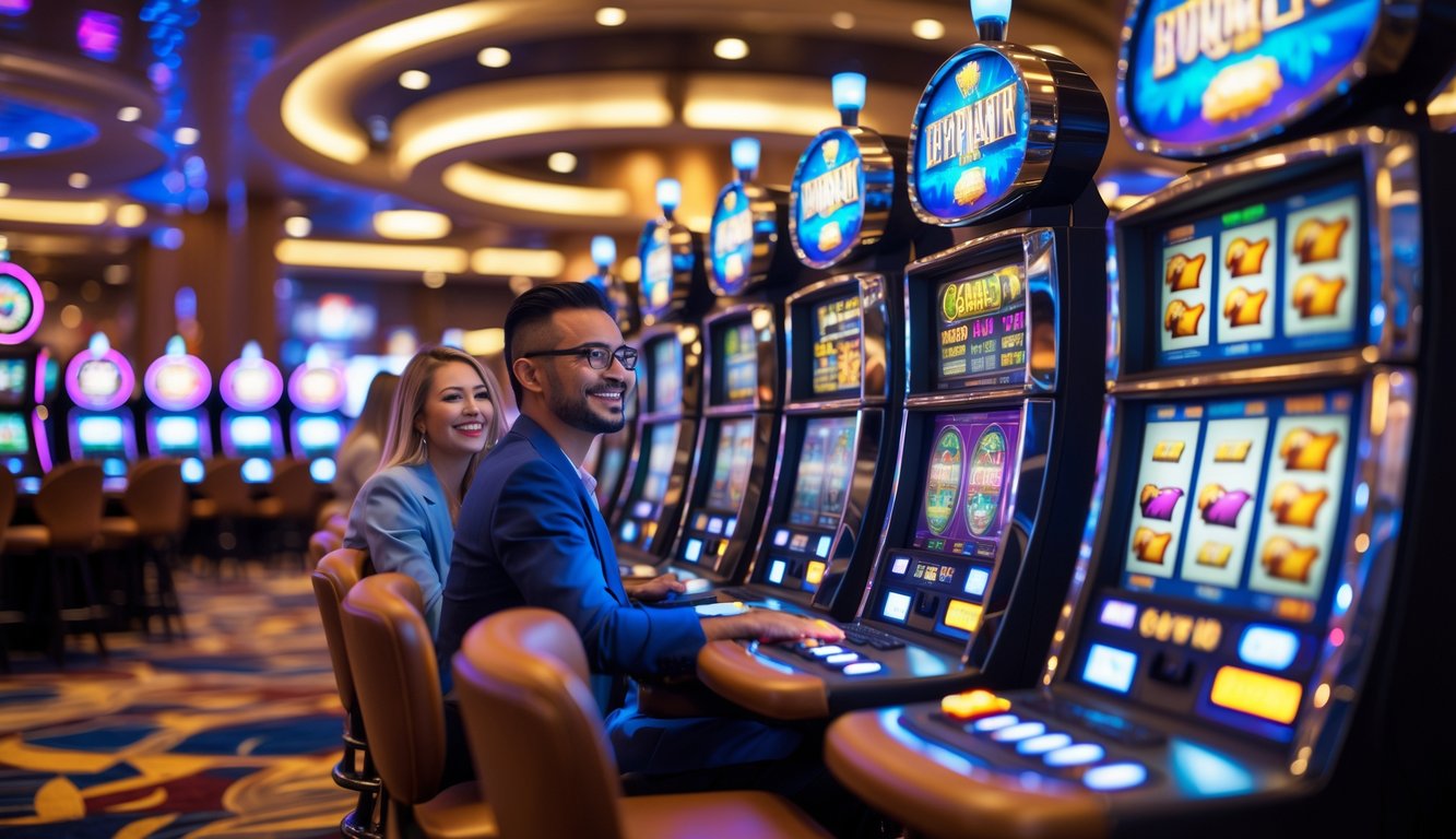 Suasana kasino dengan deretan mesin slot modern yang menyala dan beberapa orang bermain dengan ekspresi antusias.