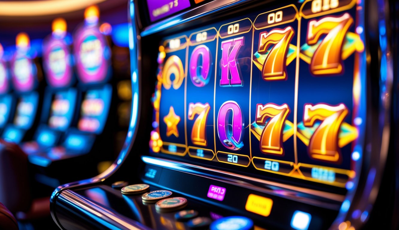 Mesin slot digital modern yang menyala dengan simbol warna-warni di kasino yang terang dan bergaya.