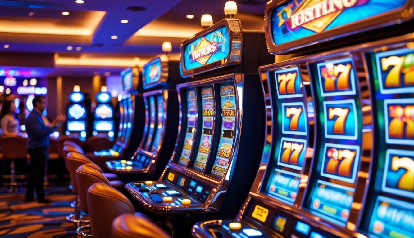 Area mesin slot kasino dengan beberapa mesin slot modern berwarna-warni dan beberapa pemain yang sedang bermain.