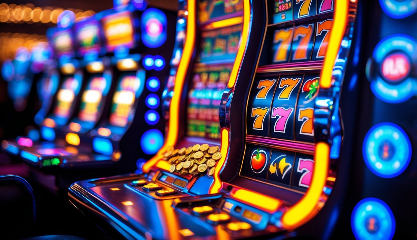 Mesin slot kasino yang berwarna cerah dengan koin yang keluar saat menang.