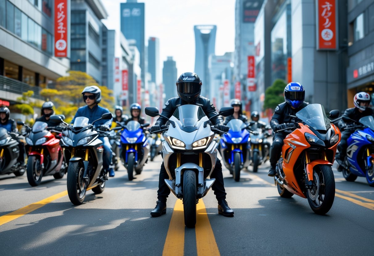 A lineup of Japanese motorcycles with riders on a city street featuring a mix of traditional and modern buildings in the background.