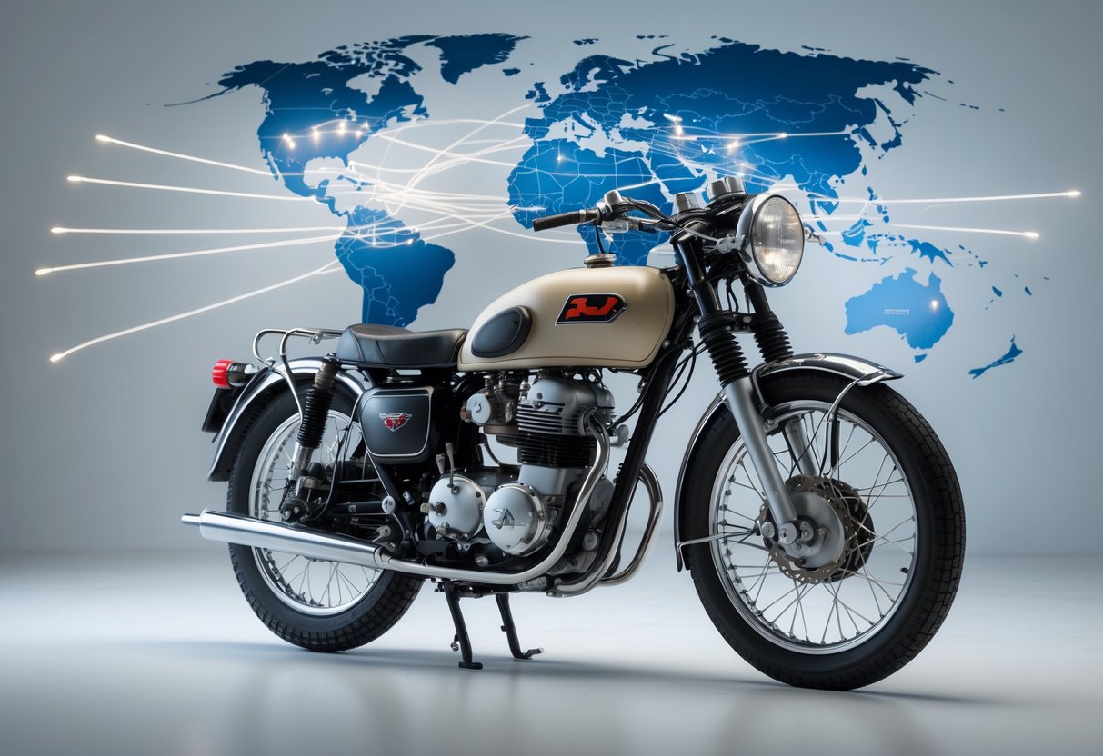 A vintage Japanese motorcycle displayed in front of a faint world map with light trails connecting Japan to other countries.