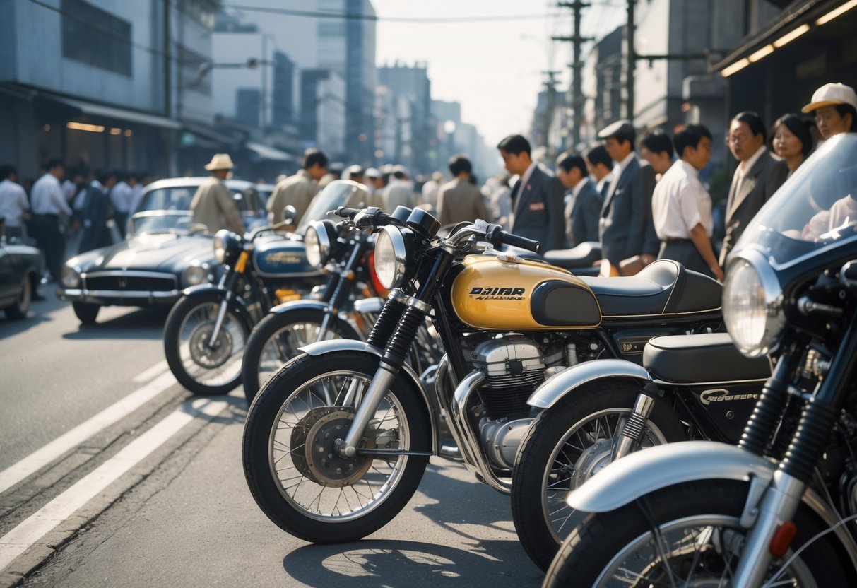 A lineup of classic Japanese motorcycles in a busy mid-20th century Japanese city street with people and vintage cars in the background.