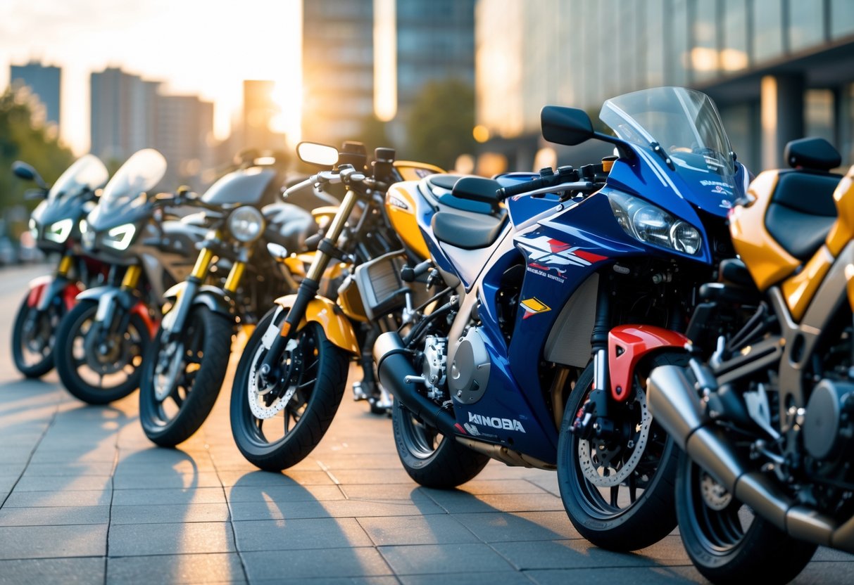 A lineup of iconic Japanese motorcycles parked outdoors on a city street during sunset.
