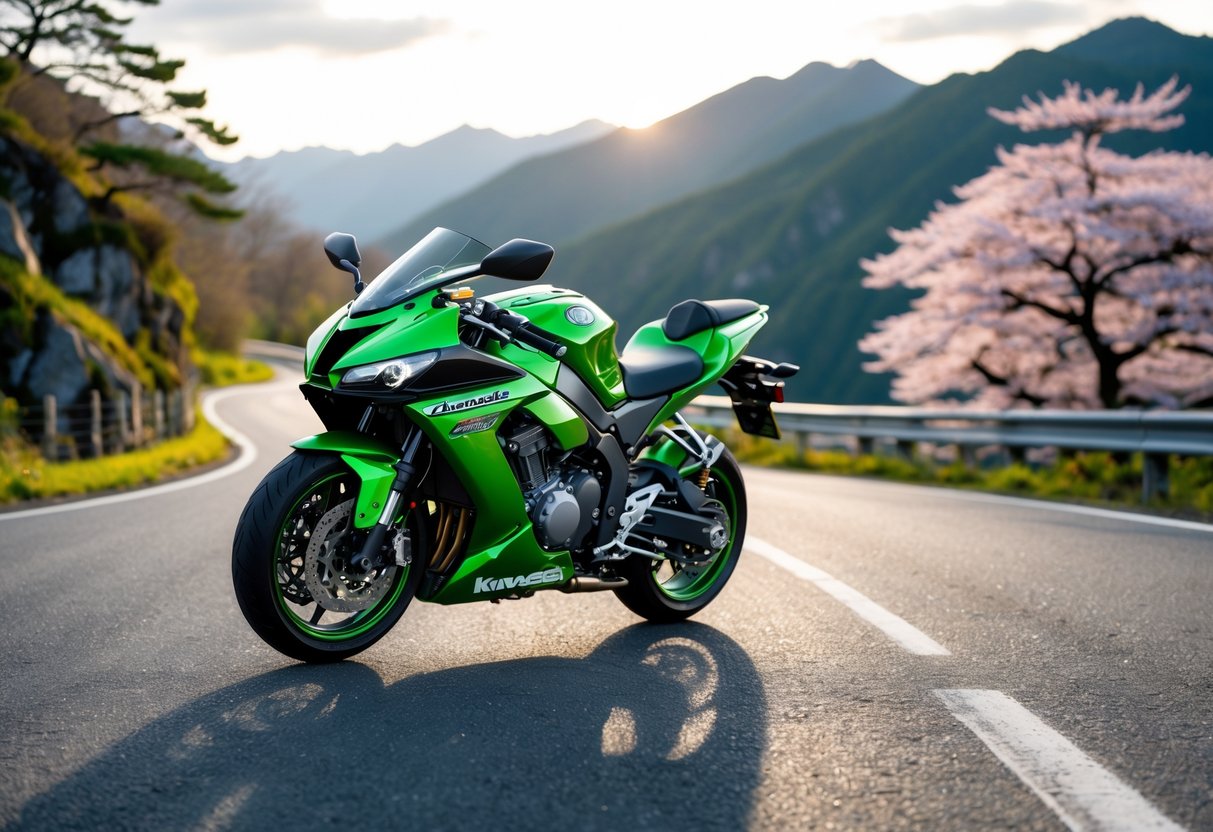 A Kawasaki motorcycle on a mountain road with cherry blossom trees and mountains in the background.