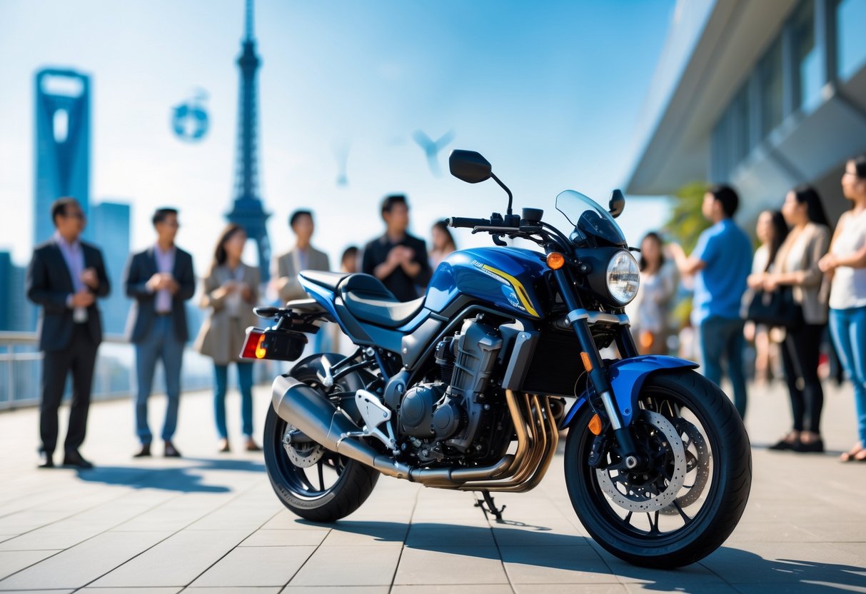 A modern Japanese motorcycle displayed in a city setting with international landmarks faintly visible in the background and diverse people admiring it.
