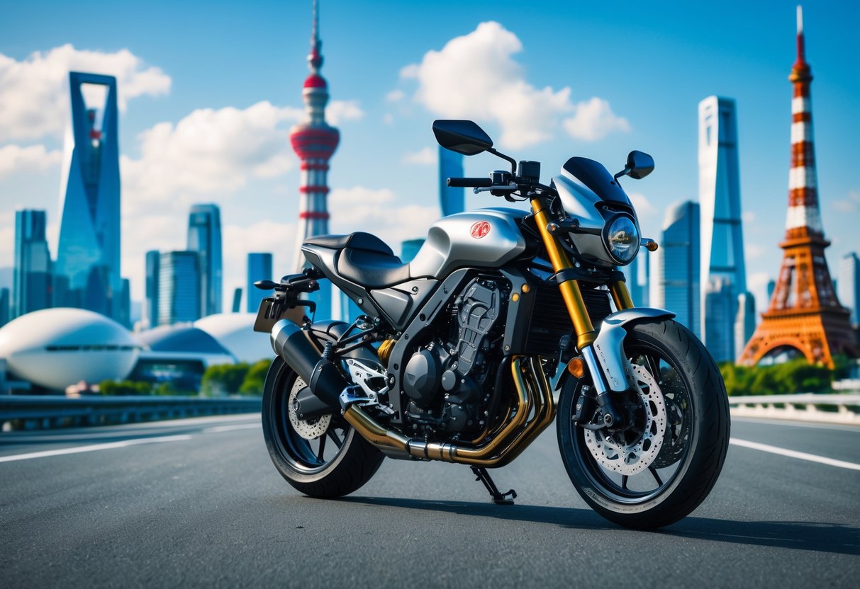 A modern Japanese motorcycle in front of a cityscape with international landmarks representing global influence.