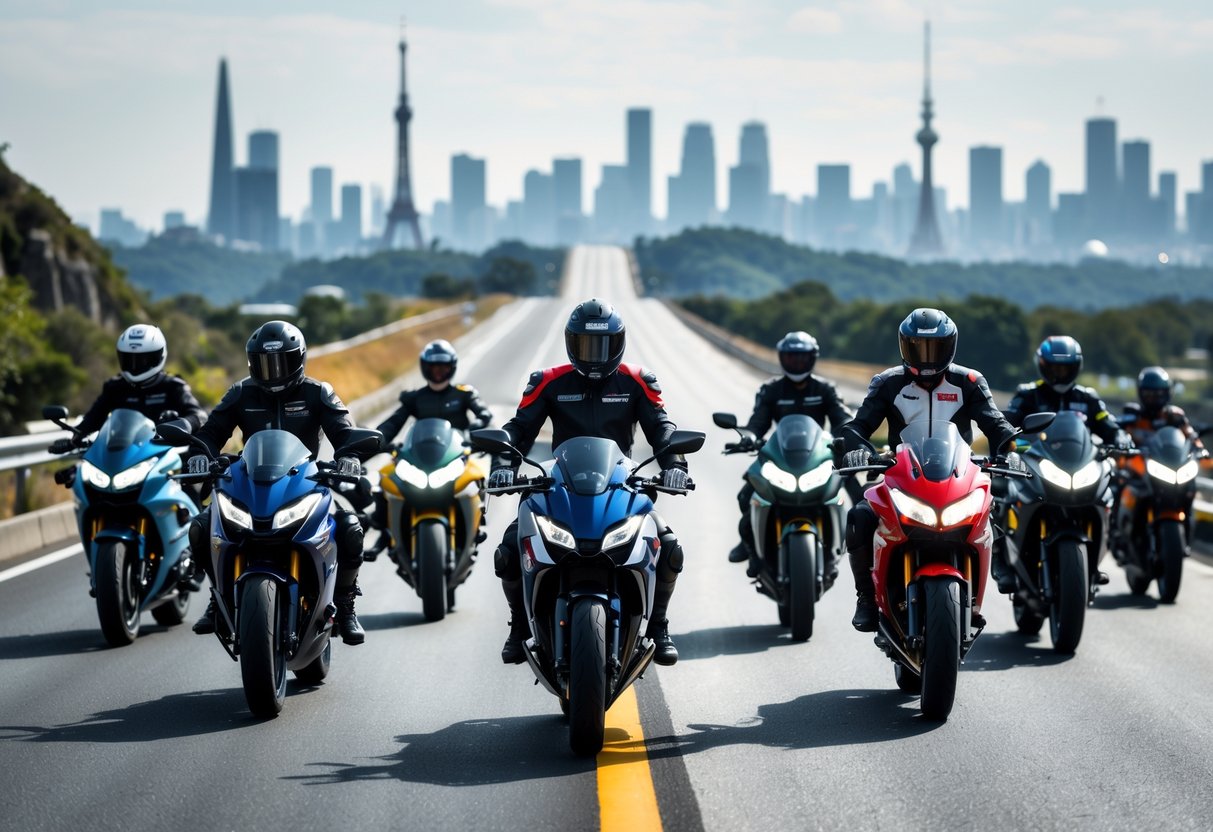 A group of motorcyclists riding Japanese motorcycles on a highway with famous world landmarks in the background.