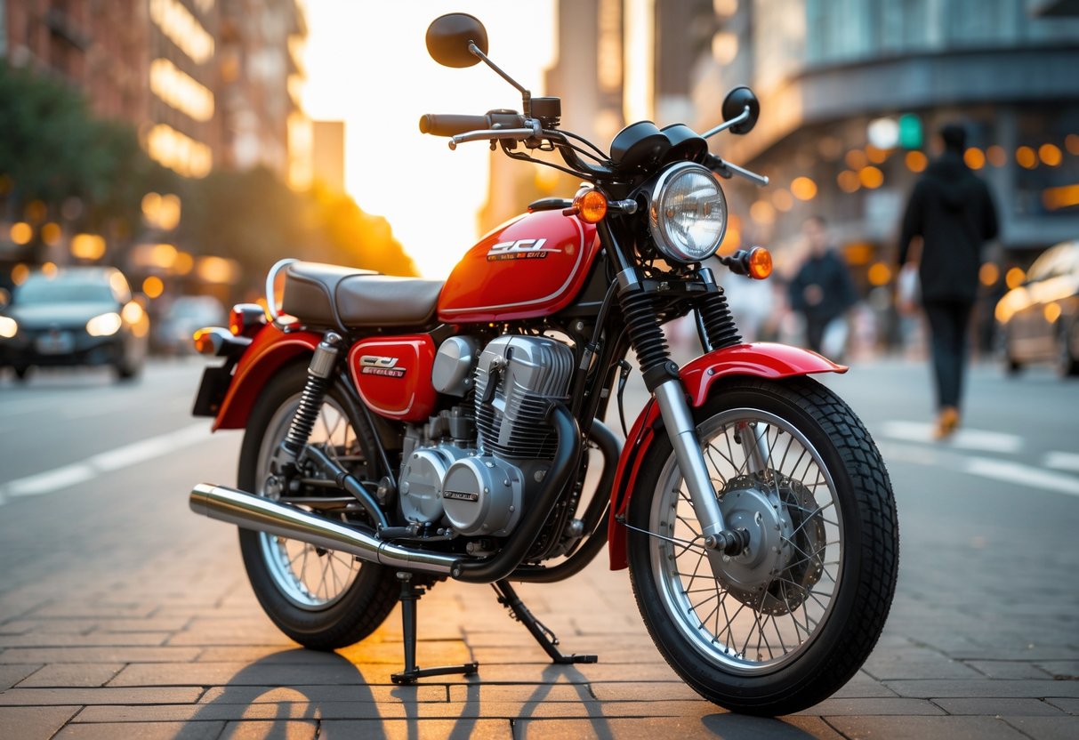 A classic Honda Super Cub motorcycle parked on a city street with buildings and people blurred in the background during sunset.