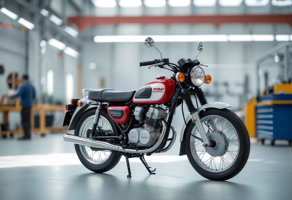 A classic Honda Super Cub motorcycle displayed in a bright workshop setting with tools and blueprints in the background.