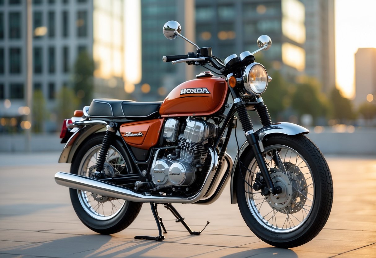 A classic Honda Super Cub motorcycle parked in a city setting during sunset.