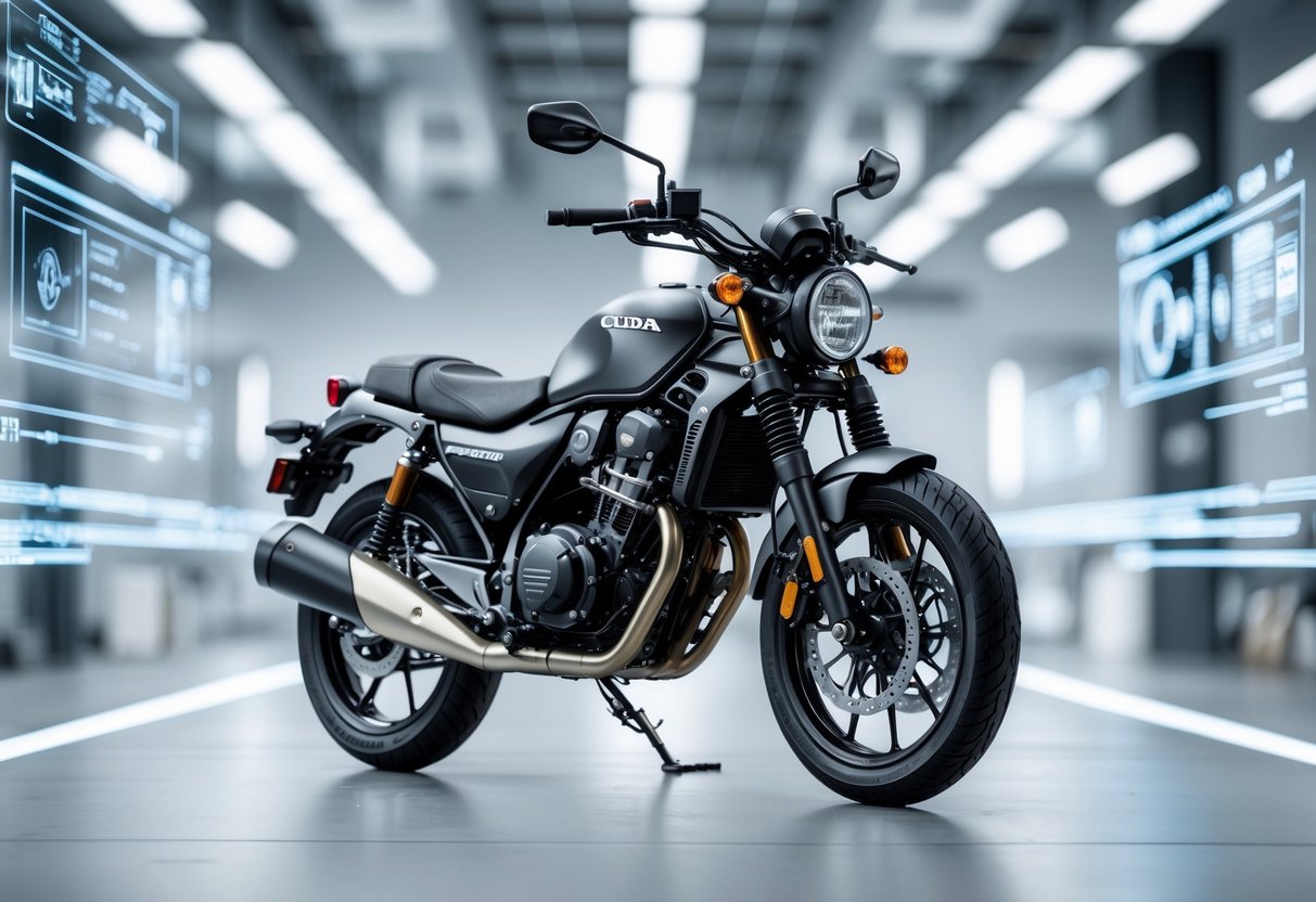 A Honda Super Cub motorcycle displayed in a bright engineering workshop with blueprints and tools nearby, symbolizing innovation and technological progress.