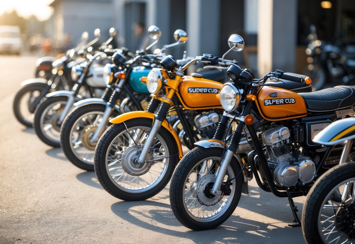A lineup of different Honda Super Cub motorcycles arranged outdoors, showing various models and designs from vintage to modern.