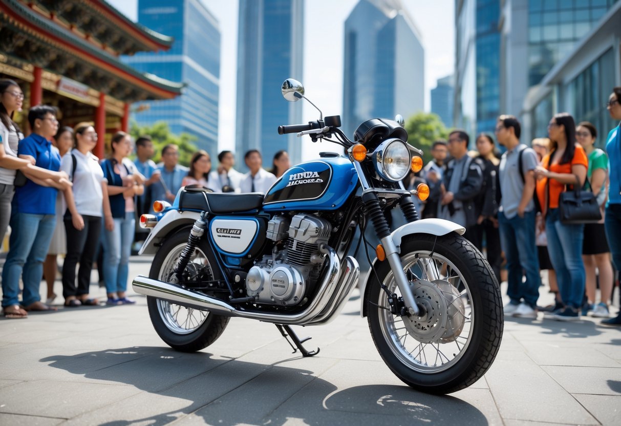 A classic Honda Super Cub motorcycle surrounded by a diverse group of people in a city setting with buildings representing different cultures.