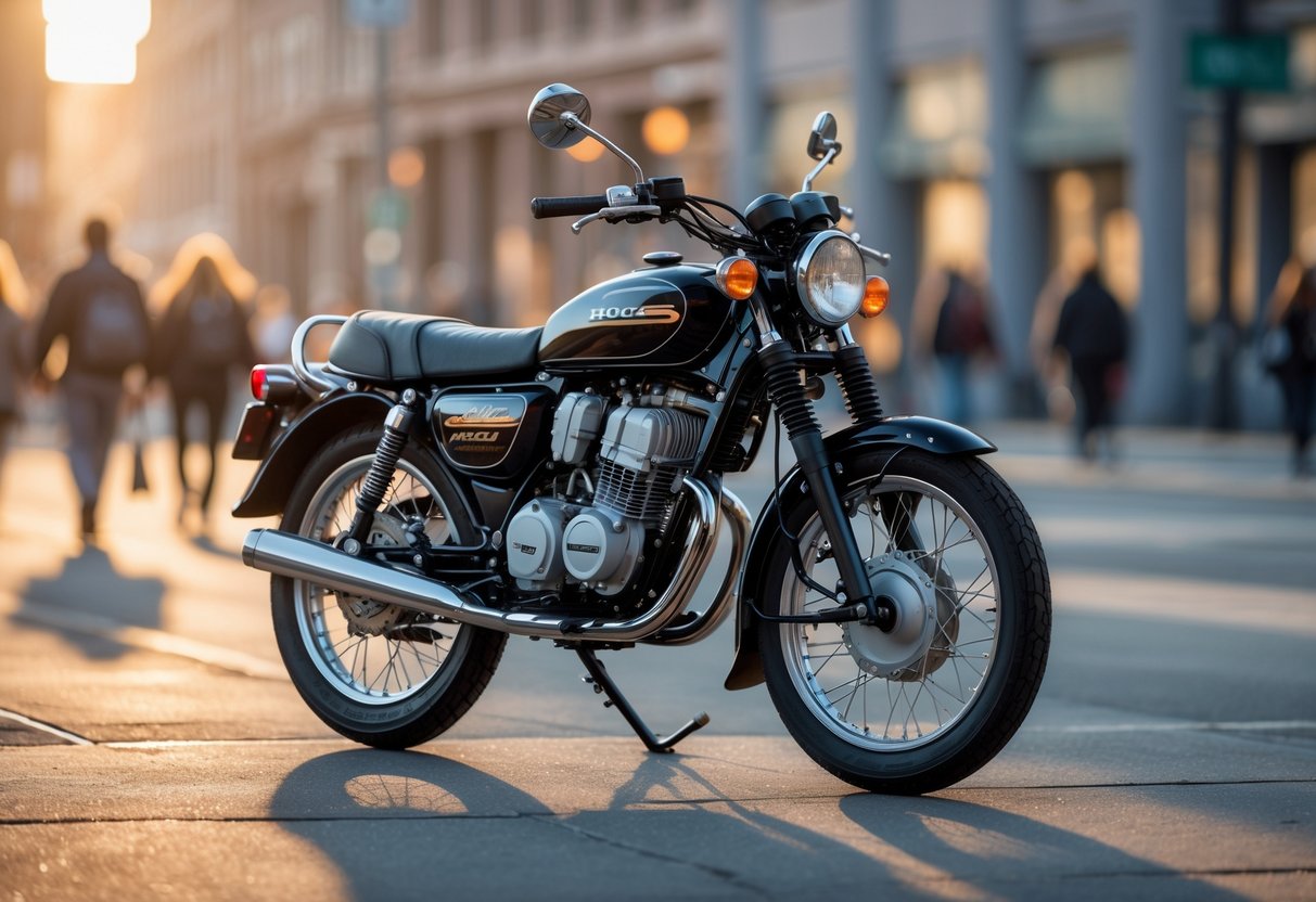 A classic Honda Super Cub motorcycle parked on a city street with buildings and people in the background during sunset.