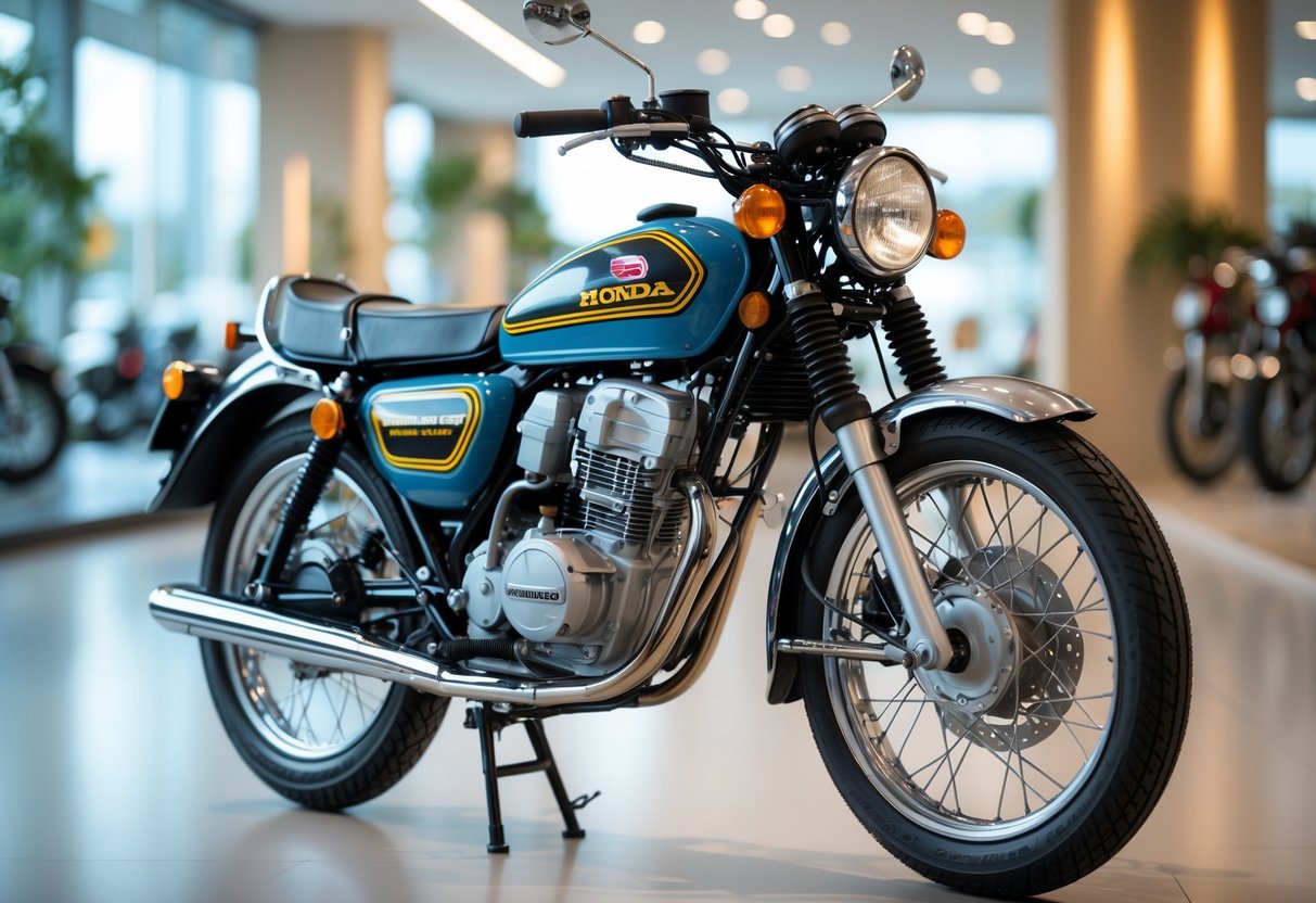 A Honda Super Cub motorcycle displayed in a bright showroom with a modern urban background.