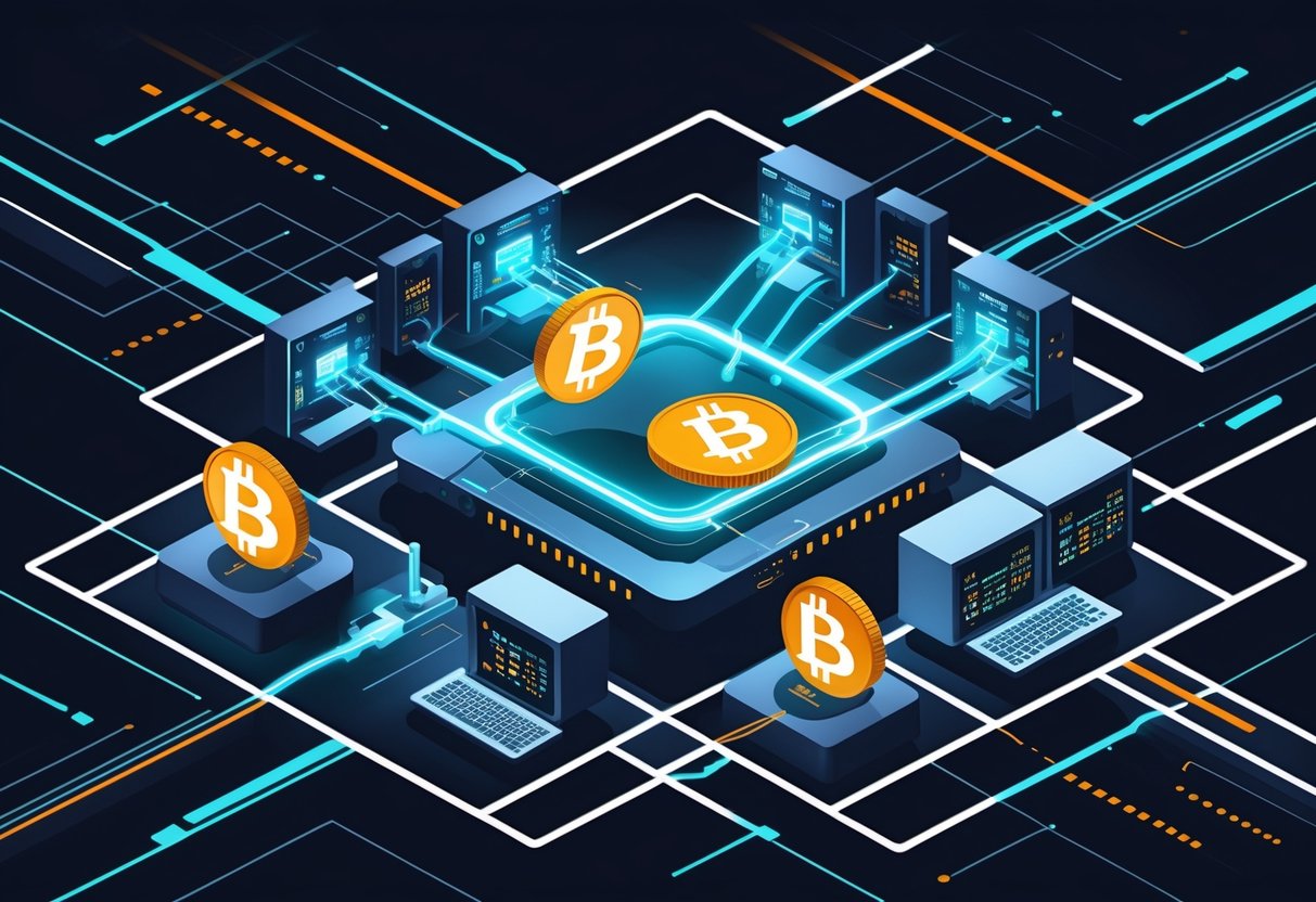 An isometric illustration showing interconnected servers and Bitcoin coins flowing through tubes, representing secure and anonymous Bitcoin transactions.