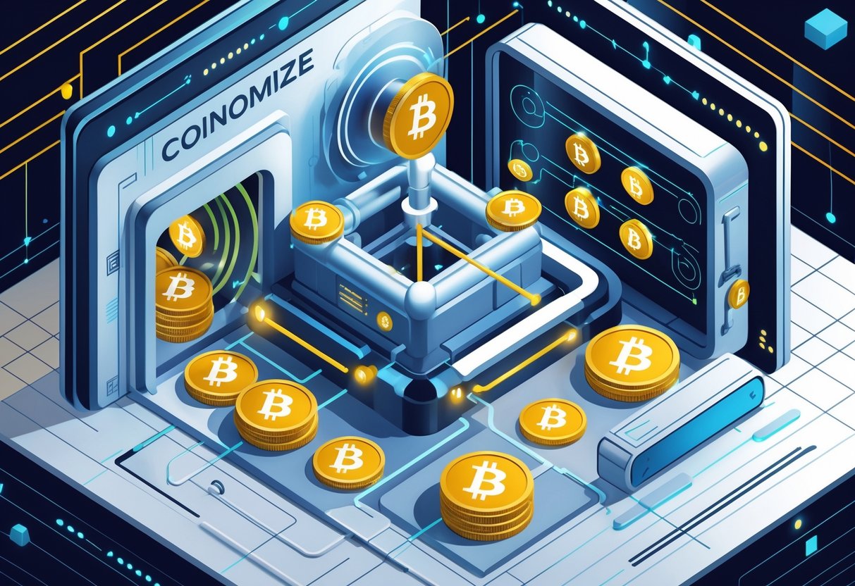 An illustration showing Bitcoin coins entering a secure vault, being mixed through a network of pipes, and emerging as new coins on the other side.