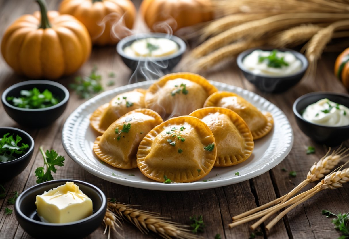 A plate of golden pumpkin pierogi on a wooden table with bowls of sour cream and herbs, surrounded by small pumpkins and autumn decorations.