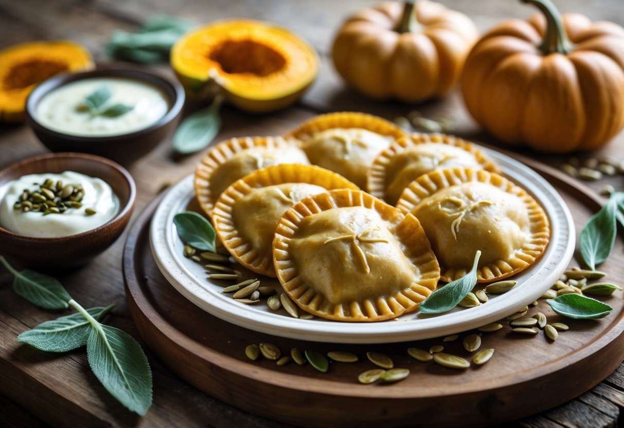 A plate of golden pumpkin pierogi served with small bowls of sauce and garnished with sage leaves and pumpkin seeds on a wooden table.