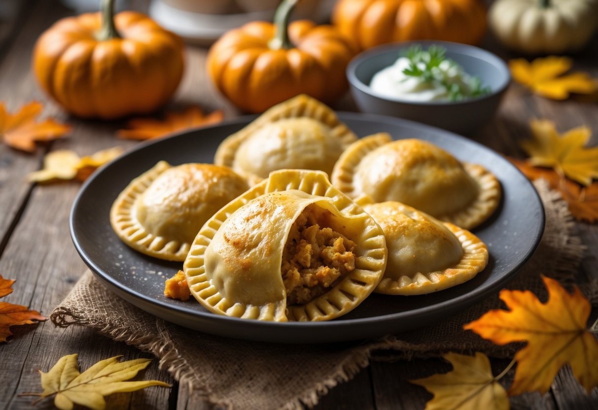 A plate of pumpkin pierogi on a wooden table surrounded by small pumpkins and autumn leaves.