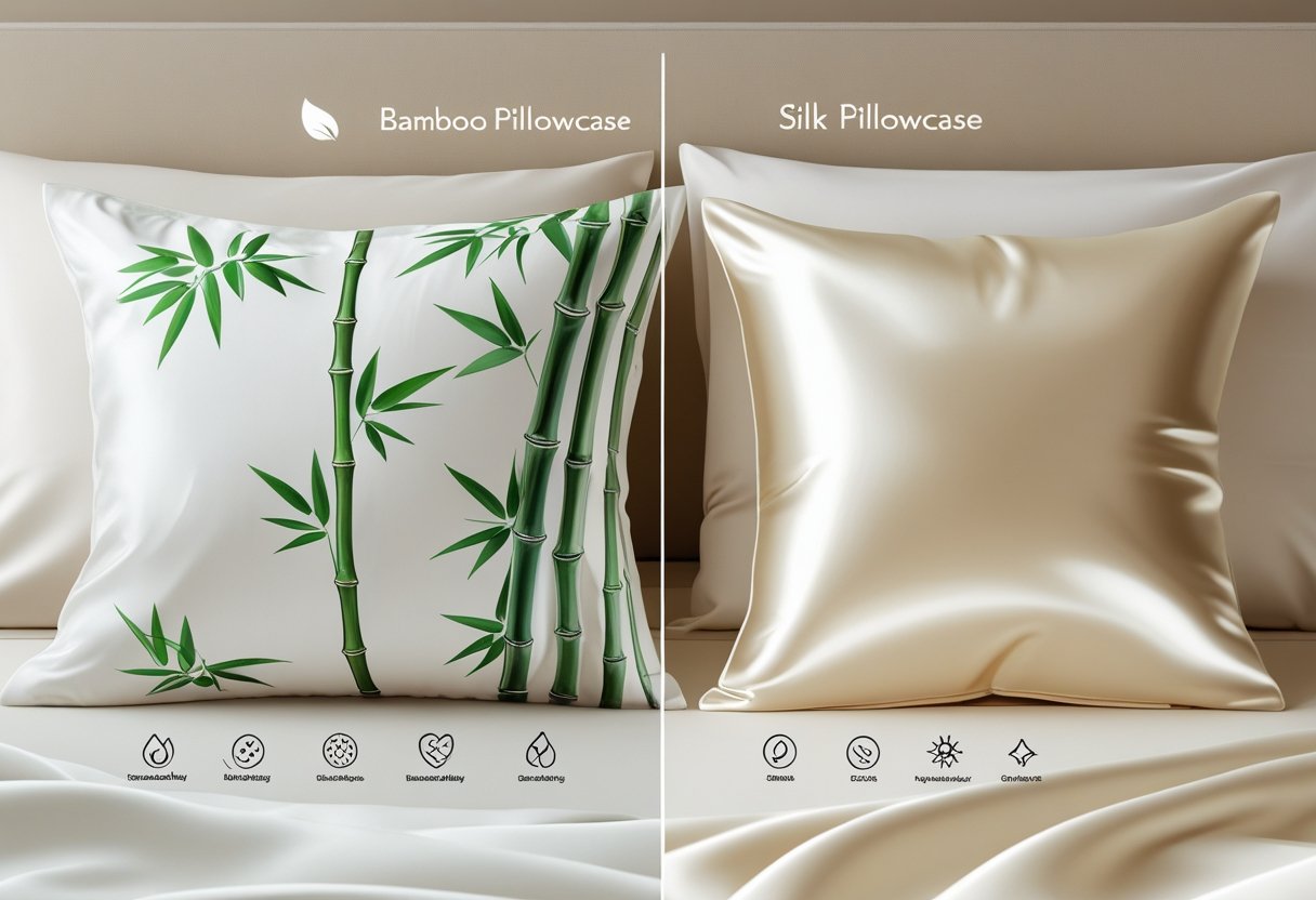 Two pillowcases side by side on a bed, one with a green bamboo leaf pattern and the other smooth and shiny cream silk, with icons representing their benefits and features.